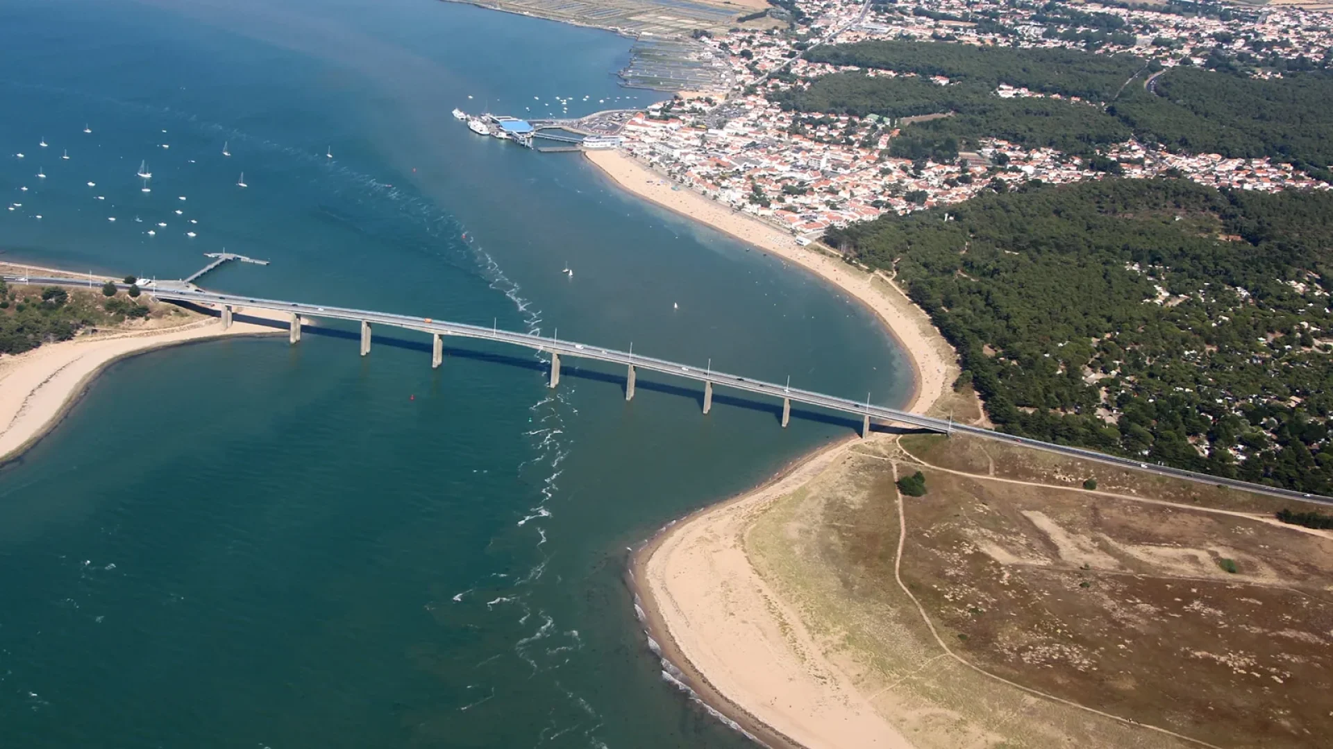 Top view of the bridge linking Noirmoutier to La Barre de Monts Fromentine.