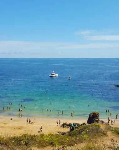 Photo of a beach on Ile d'Yeu, seen from a distance, with a boat on the sea and people on the sandy beach.